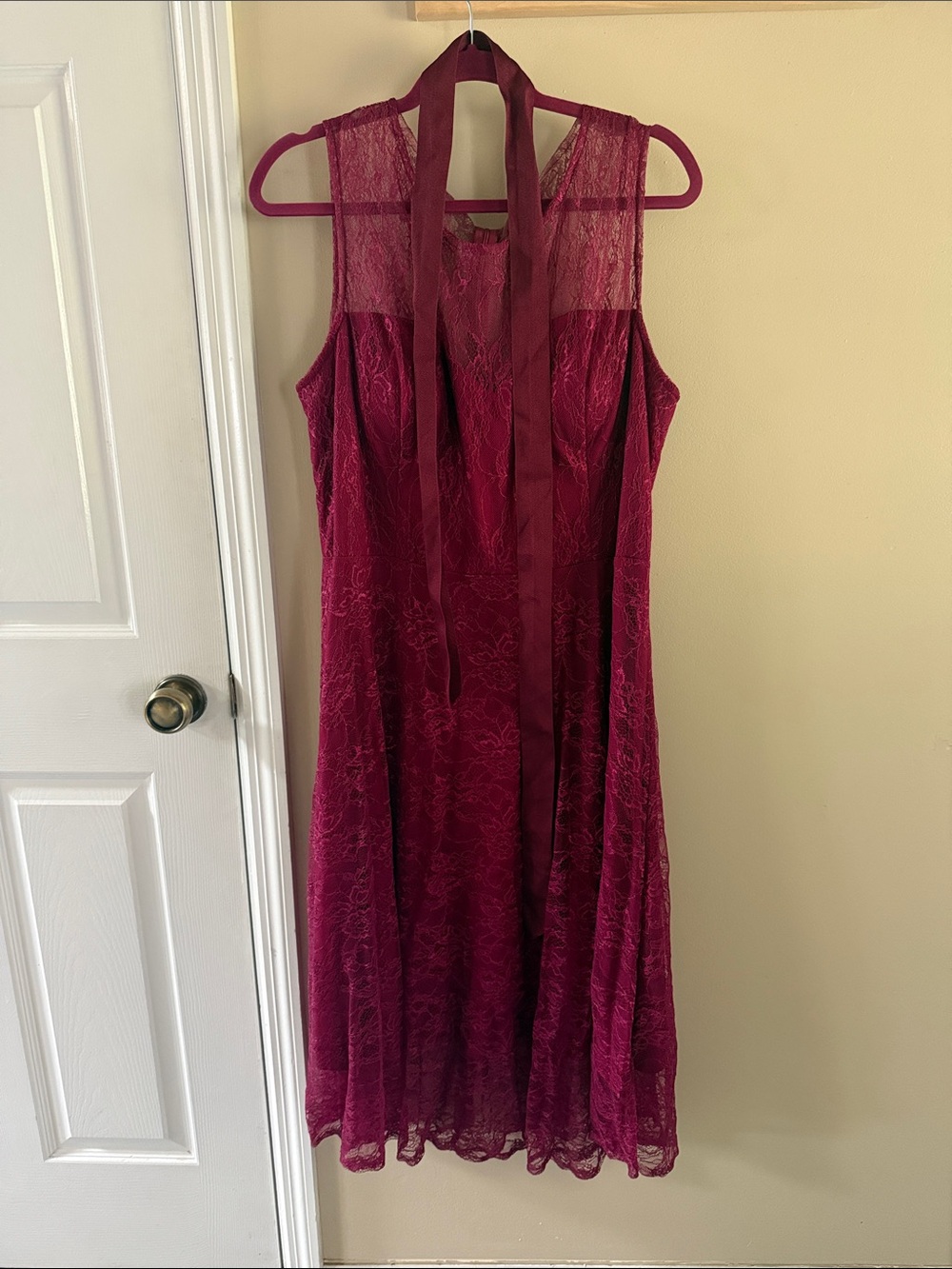 Lace Midi Maternity Dress w/unattached sash tie in maroon